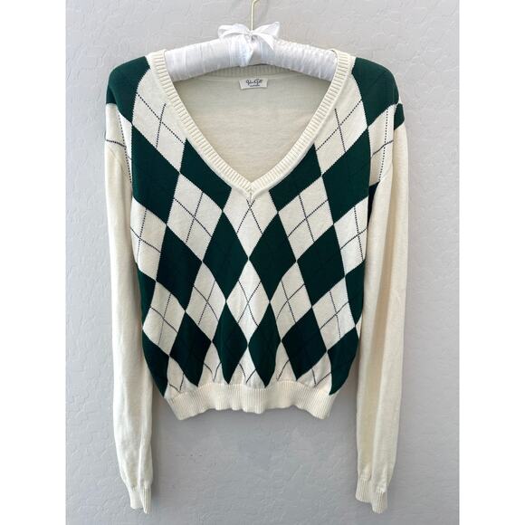 JOHN GALT | Argyle Sweater Green Cream V-Neck Long Sleeve Preppy Y2K Style - Picture 1 of 7
